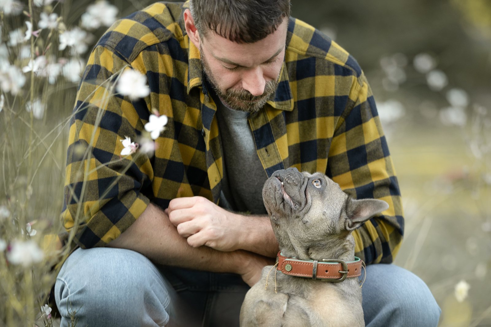 Bo schaut liebevoll zu seinem Papa zwischen Wildblumen auf