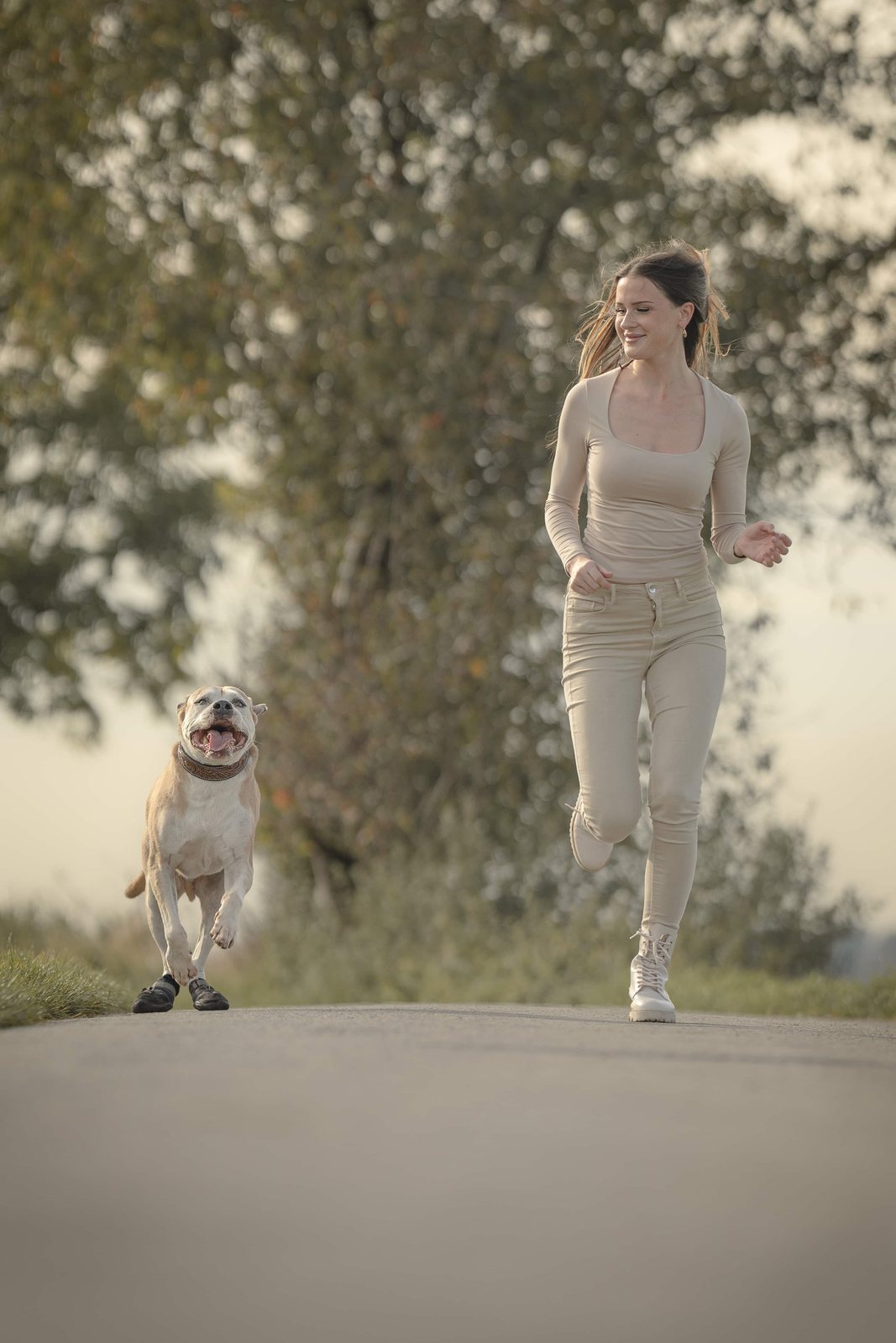 Frau läuft im Abendlicht gemeinsam mit ihrem Hund