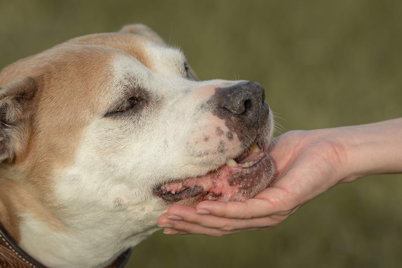 Hund nimmt im Profil vorsichtig ein Leckerli aus der Hand